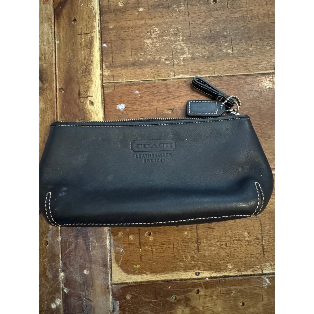 Coach Brown Leather Cosmetic Pouch Clutch Bag White Contrast Stitching Logo